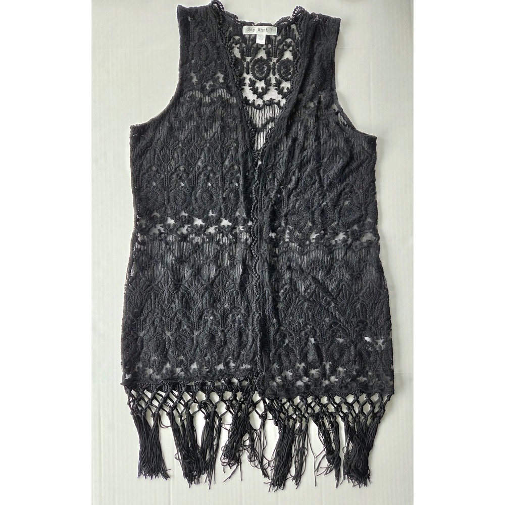 Say What? Lace Vest Women BOHO Black Fringe Open Front Sleeveless Cardigan